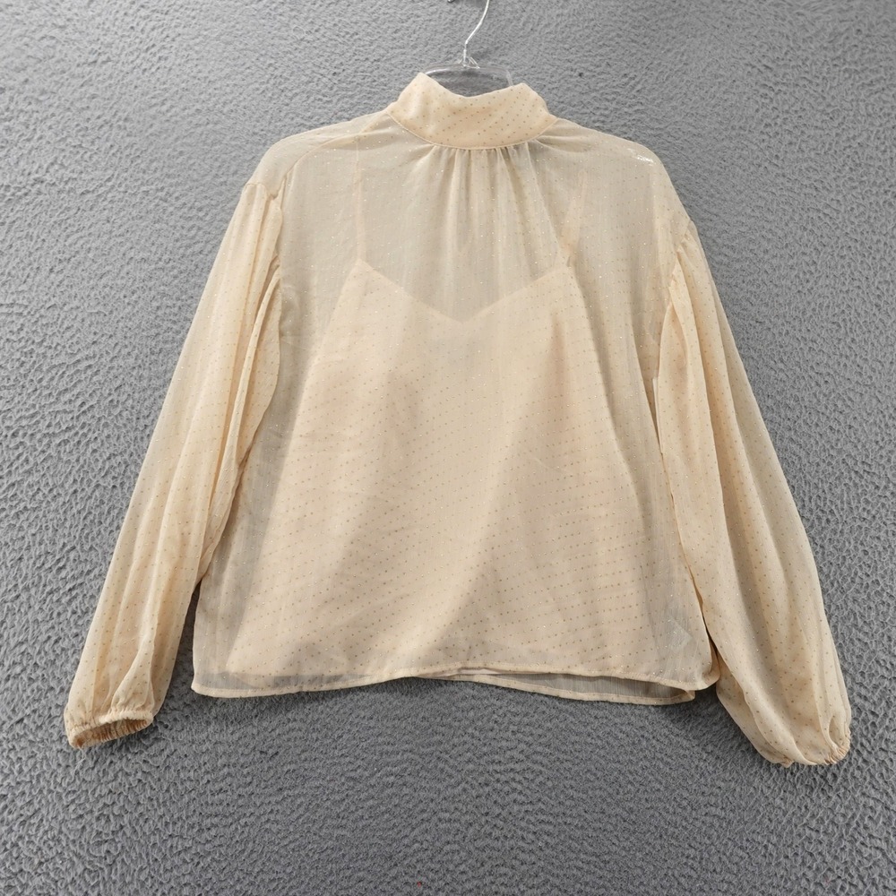 Sanctuary Womens XS Cream Gold Metallic Foil Dot Mock Neck Blouse NWT